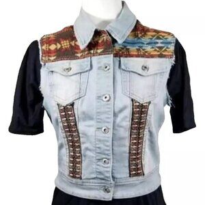 Vintage Parisian Women's Jean Jacket Size S Graphic Patched W/ Cut Off Sleeves.